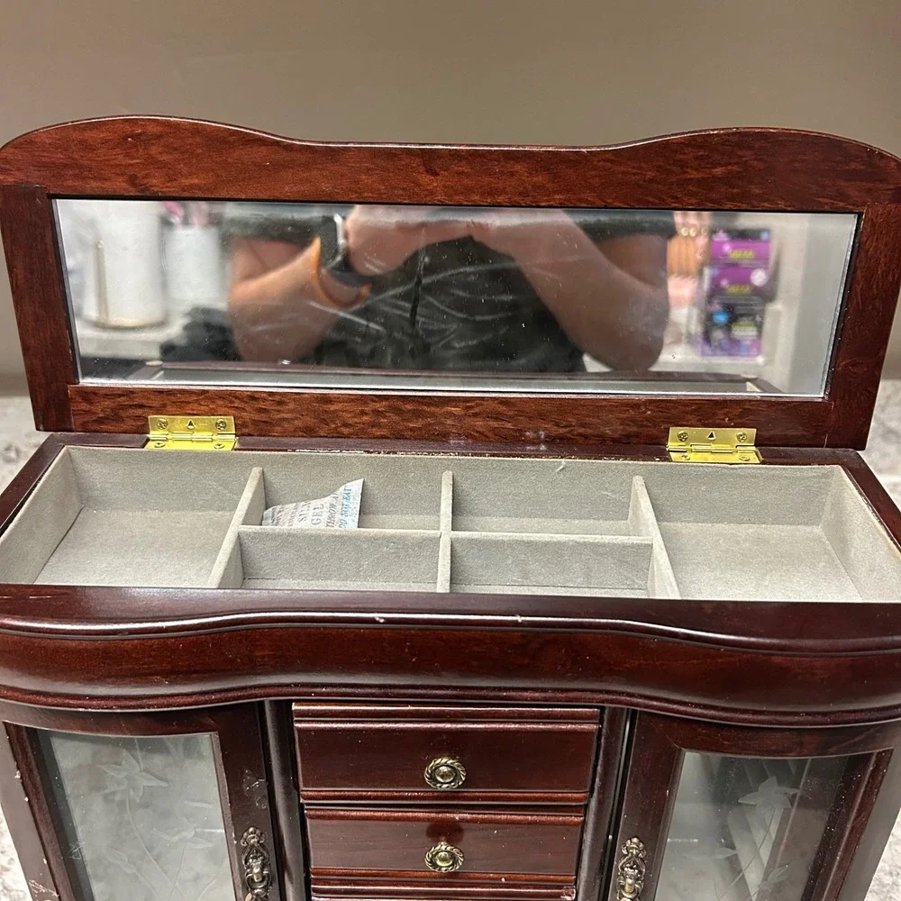 Vintage Wood Jewelry Armoire Large Brown Etched Glass 4-Drawer Rotating Hooks